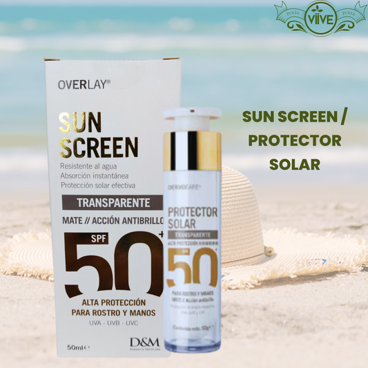 SUN SCREEN / PROTECTOR SOLAR 50+, TRANSPARENTE, MATE ALTA PROTECCION 50g